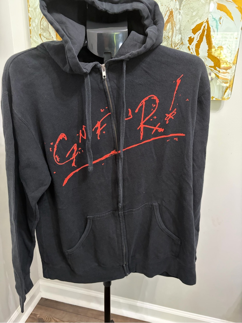 Men's Black Zip-Up Hoodie with Red Script Graphic